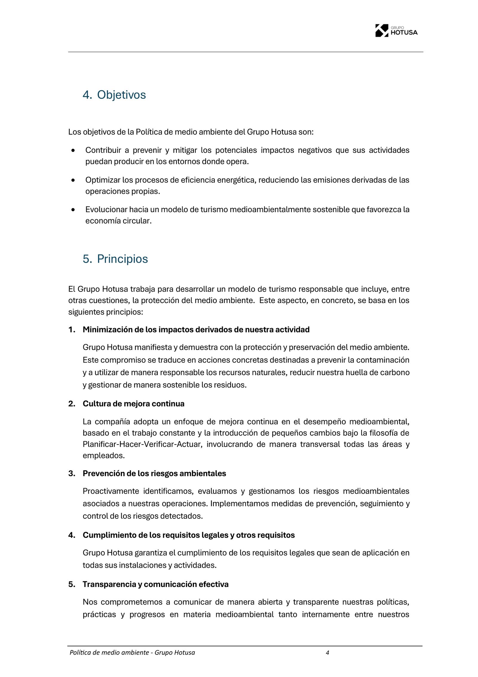 Apartados 4 y 5: Objetivos y comienzo de los Principios. Tres objetivos (prevenir impactos, eficiencia energética, turismo sostenible y economía circular) y los principios de minimización de impactos, mejora continua, prevención de riesgos y cumplimiento legal.